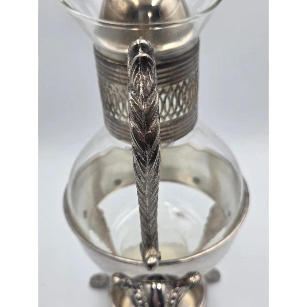 Vintage  Silver Plated Glass Coffee Pot Carafe W / Warming Stand 14.5